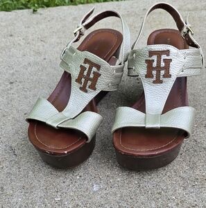 Beige Leather Wedge Sandals